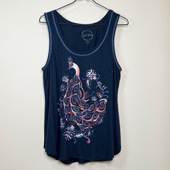 LUCKY BRAND Peacock Embroidered Tank Top Blue Multi Women's Large - Picture 3 of 10
